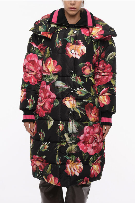 Quilted Oversized Down Jacket with Multicolored Floral Motif