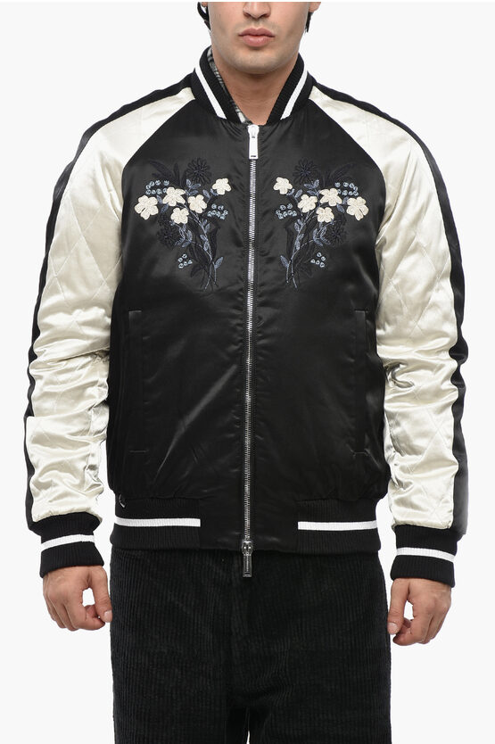 Dsquared2 Quilted Souvenir Bomber With Floral Embroidery In Black