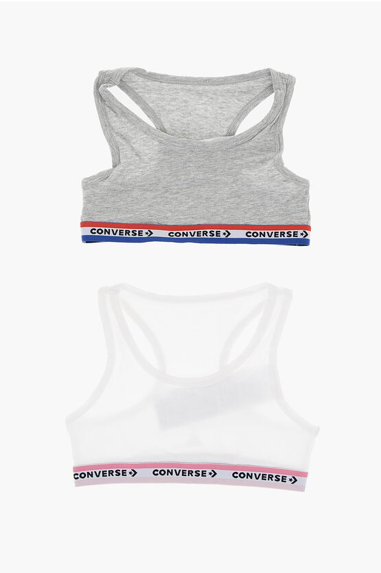 Converse Racerback 2 Pairs Of Sport Bra Set With Logo Band In Gray
