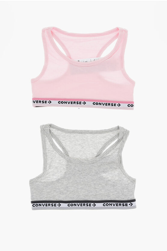 Converse Racerback 2 Pairs Of Sport Bra Set With Logo Band In Pink
