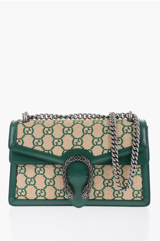 Gucci Raffia Dionysus Shoulder Bag With Leather Trims And Silver E In Green