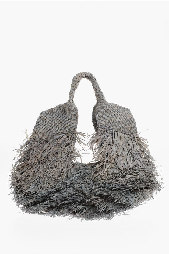 Made For A Woman Raffia Kifafa Leti M Shoulder Bag With Fringes In Gray