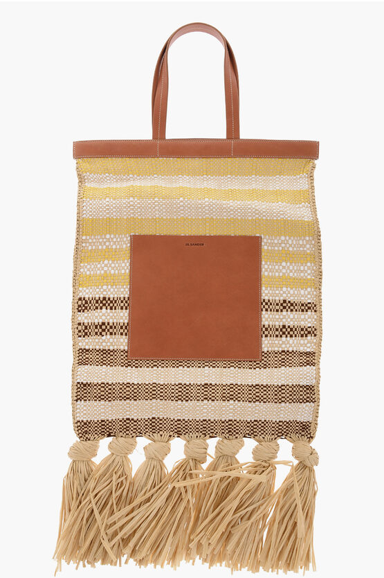 Jil Sander Raffia Sunflower Tote Bag With Leather Details In Brown