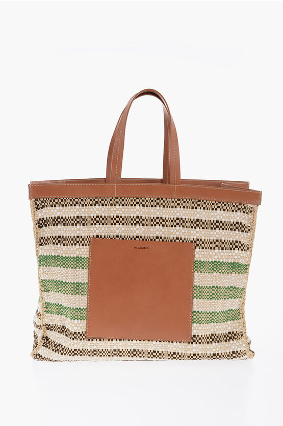 Jil Sander Raffia Tote Bag With Leather Details In Brown