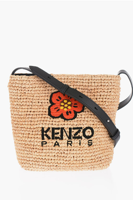 Shop Kenzo Rafia Bucket Bag With Flower Embroidery