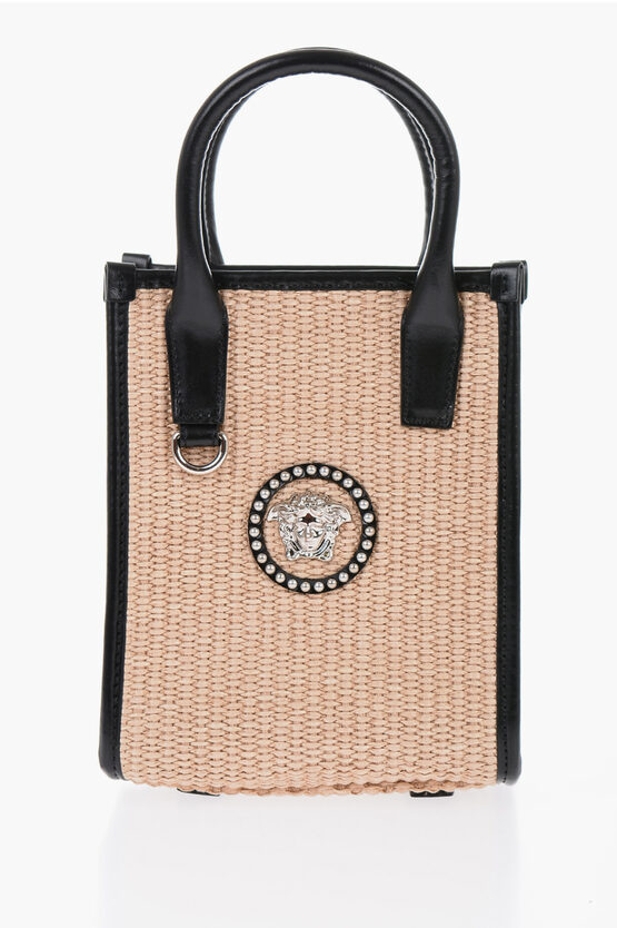 Shop Versace Rafia Logoed Mini Tote Bag With Leather Trims