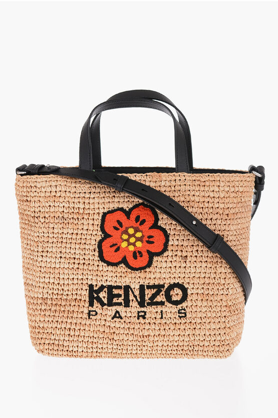Kenzo Rafia Tote Bag With Embroidery Flower In Black