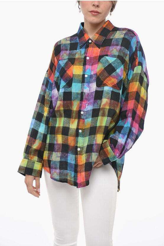 Shop R13 Rainbow Checked Oversized Fit Shirt With Double Breast Pocke