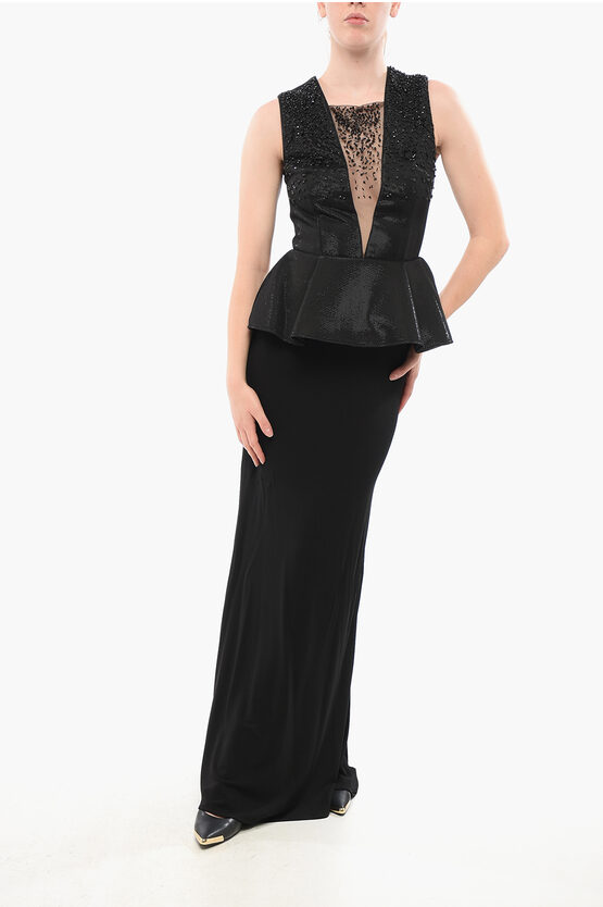 Elisabetta Franchi Red Carpet Peplo Dress With See Through Insert And Beads In Black
