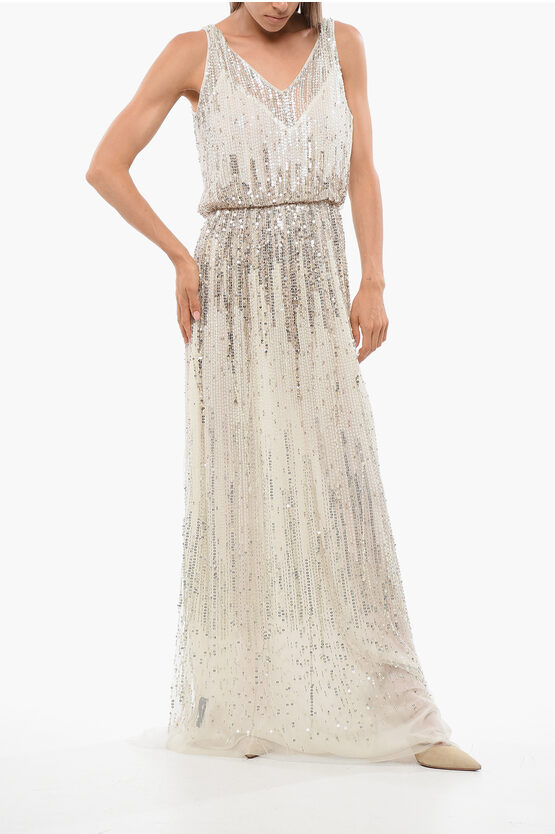 Elisabetta Franchi Red Carpet Sequined Tulle Maxidress In Gold
