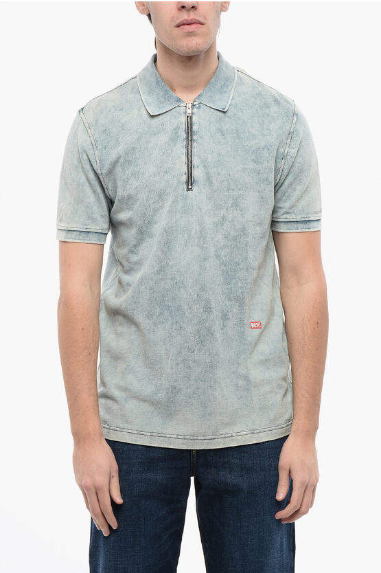 Diesel Red Tag Acid Wash Effect T-smith-zip Polo Shirt With Half Zi