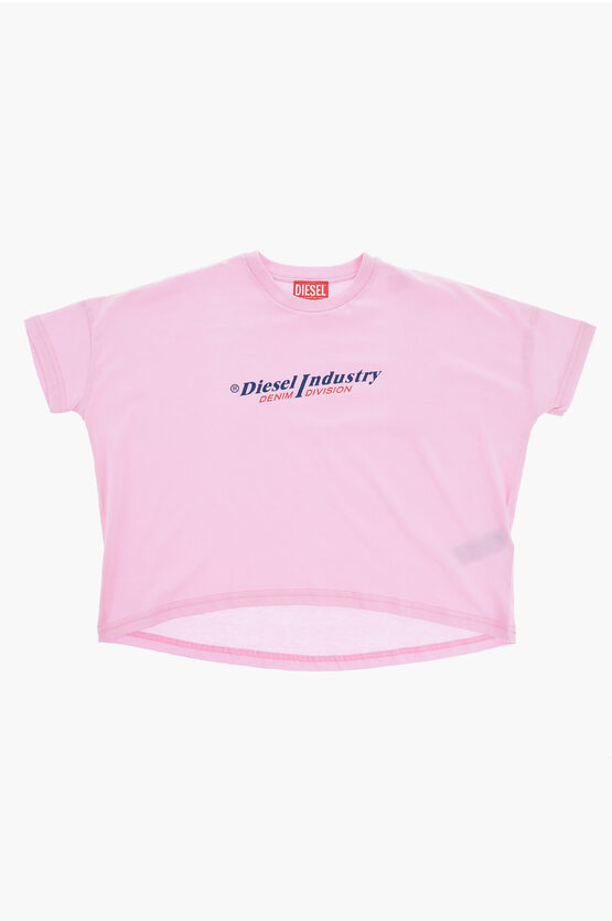 Diesel Kids' Red Tag Asymmetric Texvalind Oversize Fit T-shirt In Pink