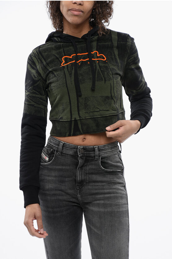 Diesel Red Tag Brushed Cotton F-slimmy Cropped Hoodie With Flocked