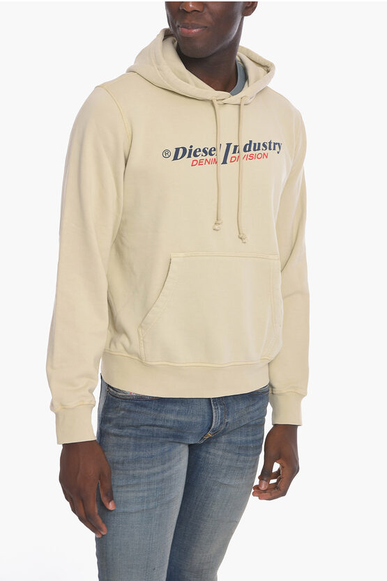 Diesel Red Tag Brushed Cotton S-ginn Hoodie With Logo Print In Neutral