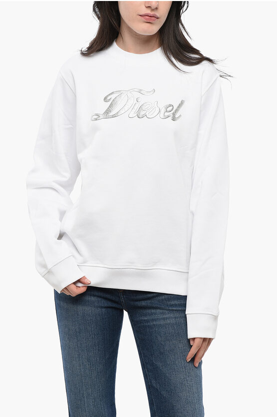 Diesel Red Tag Brushed Cotton Sweatshirt With Lamè Print Grösse M In White