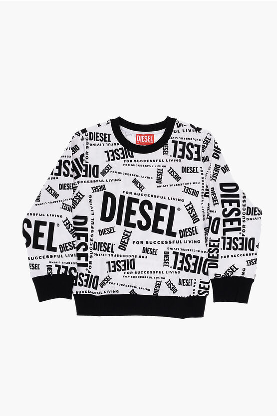 Diesel Red Tag Contrast All-over Logo Slope Crew-neck Sweatshirt In Black