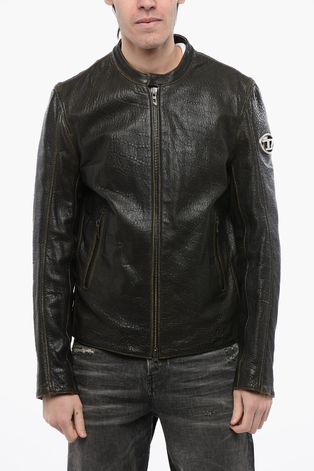 Diesel RED TAG Leather L-COBBE Jacket with Cut-Out Detail on Diesel RED TAG Leather L-COBBE Jacket with Cut-Out Detail on