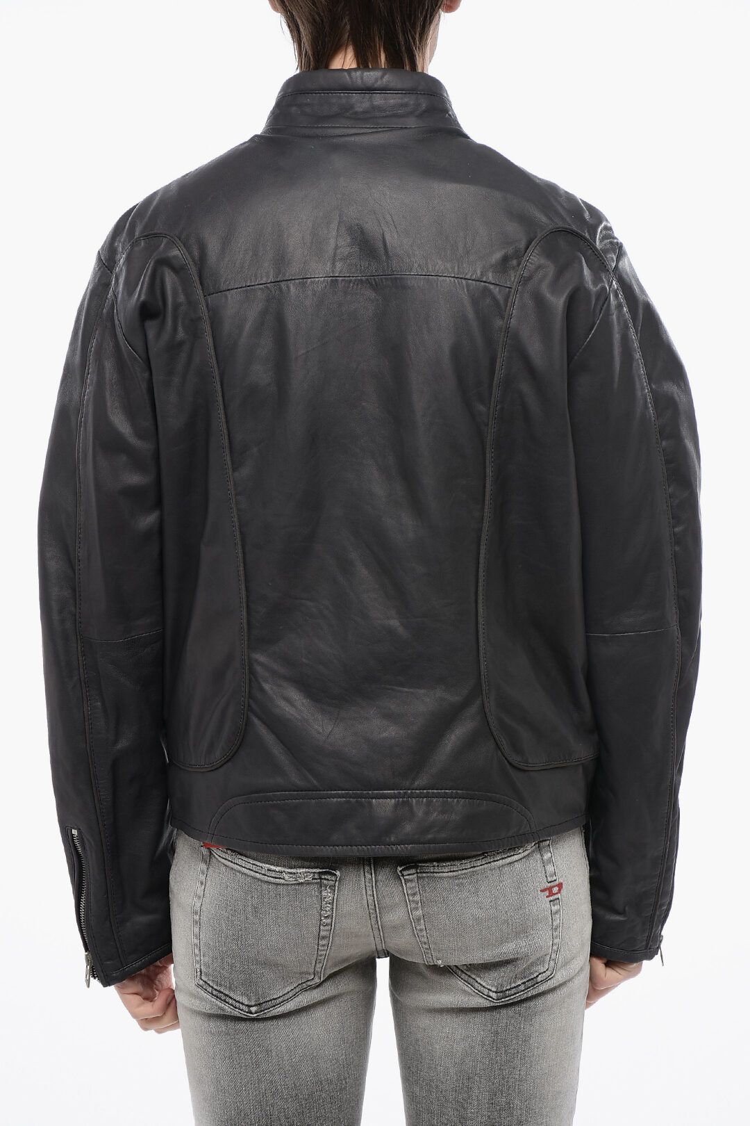DIESEL leather jacket  月下美人 クロ Women's Leather biker jacket with rib panels | Black | Diesel