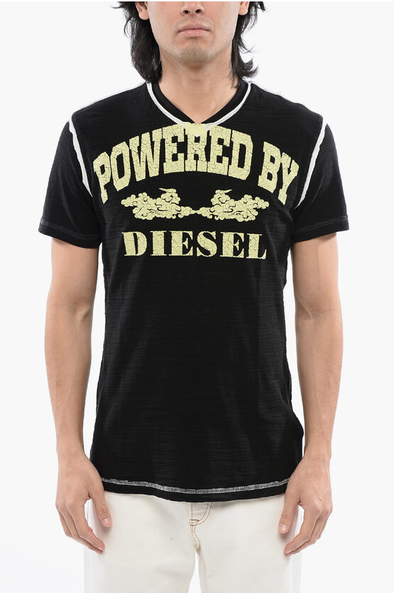 Diesel Red Tag Slub Cotton T-diegor-v-raw T-shirt With Cracked Effe In Black