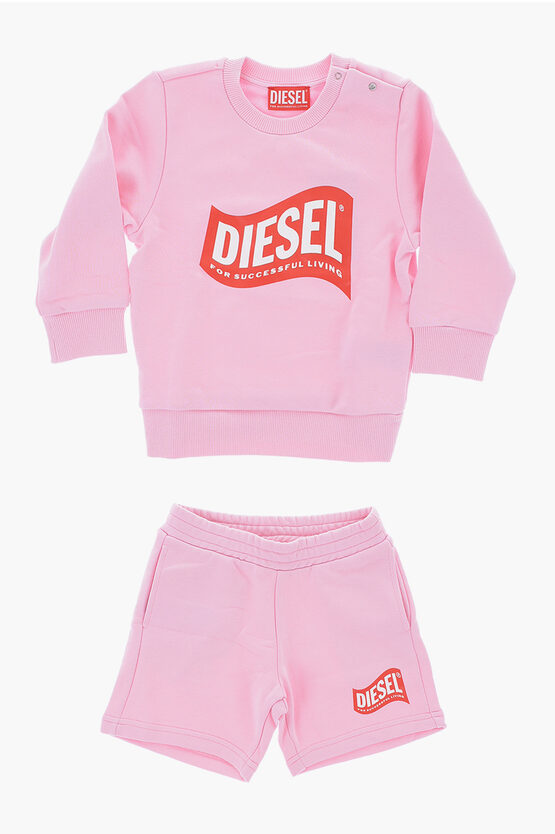 Diesel Red Tag Solid Color Shorts And Crew-neck Sweatshirt Set In Pink