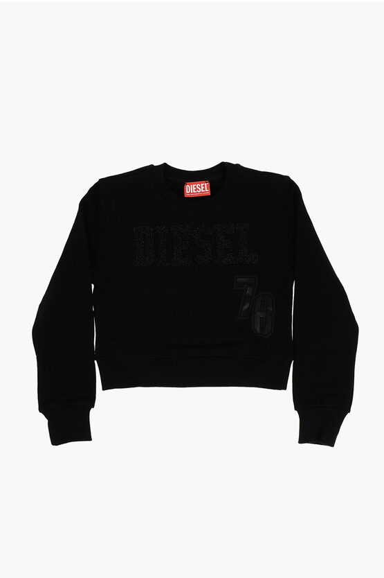 Diesel Kids' Red Tag Solid Colour Slimmybts Crew-neck Sweatshirt With Lure In Black