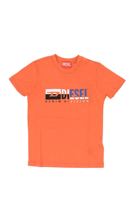 Diesel Red Tag Solid Colour Tadon Crew-neck T-shirt With Printed Log In Orange