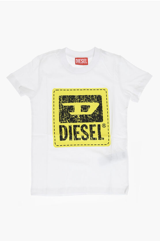 Shop Diesel Red Tag Solid Color Tbudy Crew-neck T-shirt With Crackled Lo
