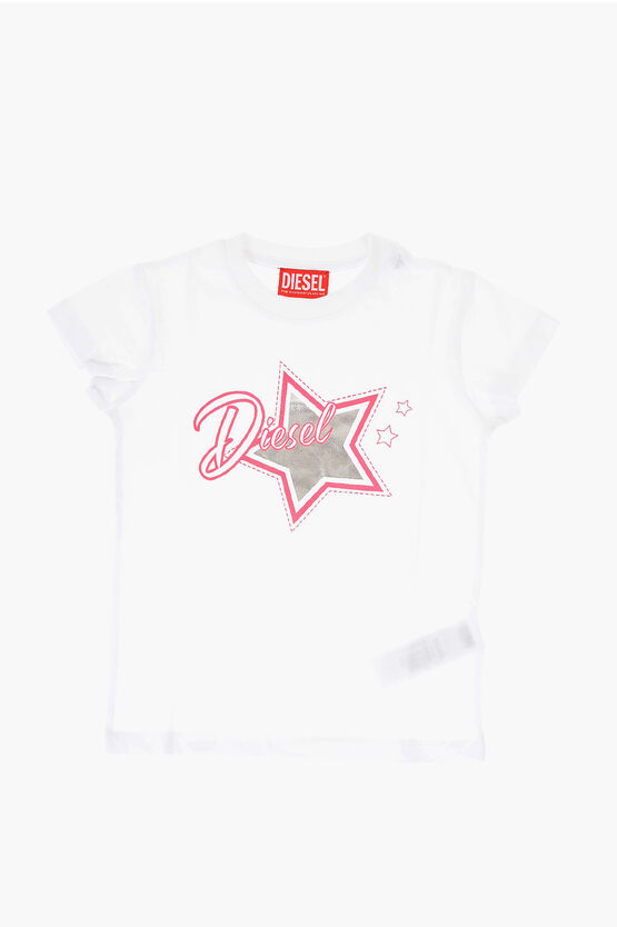 Diesel Red Tag Solid Color Tstar Crew-neck T-shirt With Front Print In White
