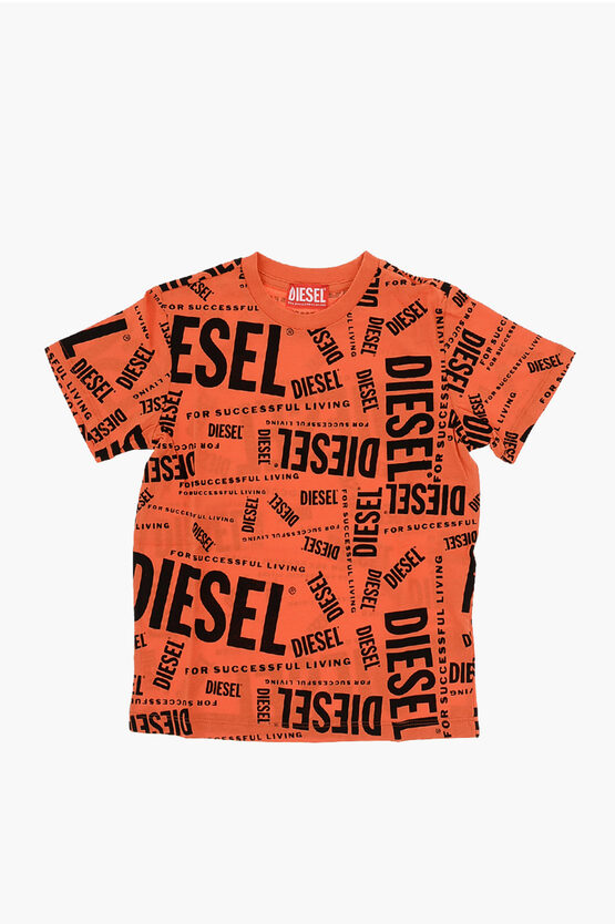 Diesel Red Tag Two-tone All-over Logo Tlope Crew-neck T-shirt In Orange