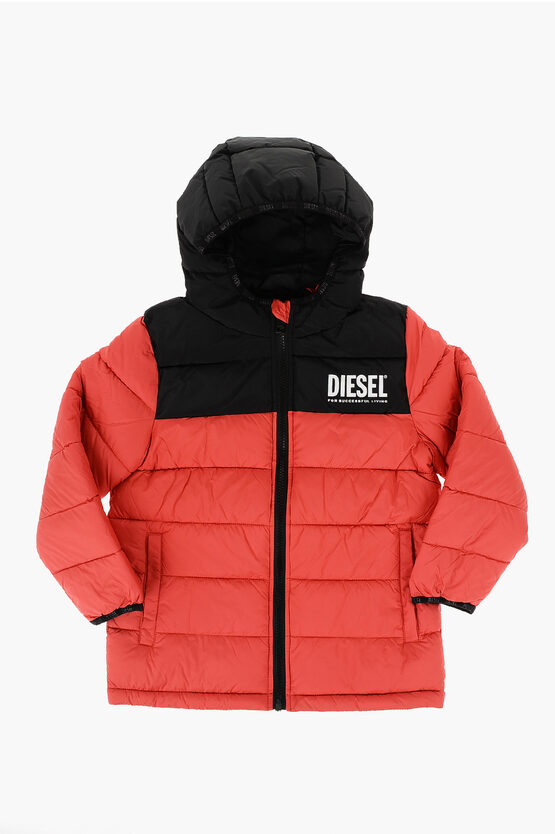 Diesel Red Tag Two-tone Padded Jlols Jacket With Hood In Orange