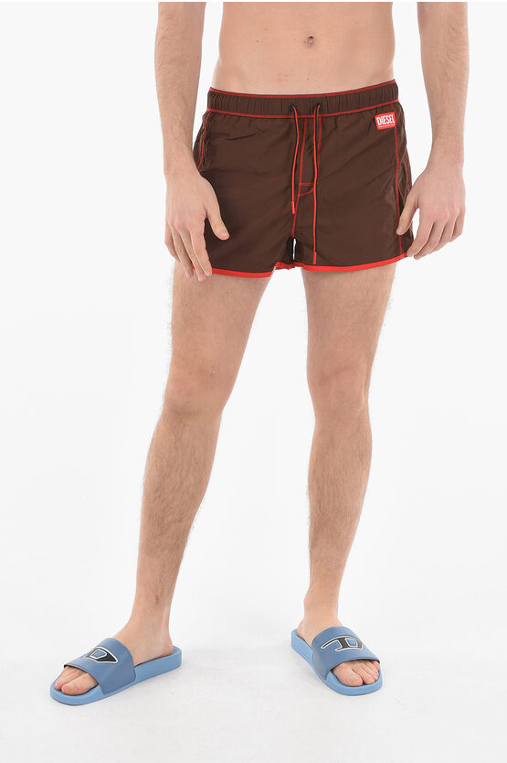 Diesel Red Tag Visible Stitching Nylon Bmbx-reef-30 Swim Shorts In Brown