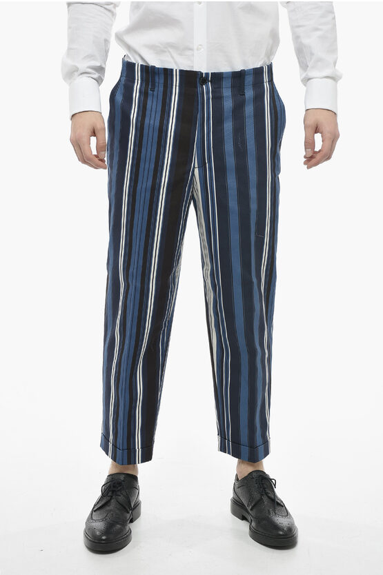 Etro Regular Fit Striped Coated Cotton Trousers In Blue