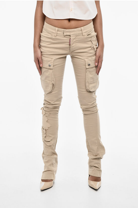 Dsquared2 Regular Waist Cotton Twill Cargo Pants With Floral Applicati