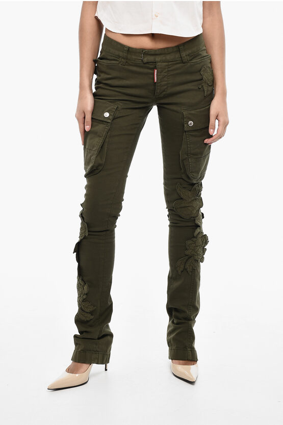 Dsquared2 Regular Waist Cotton Twill Cargo Pants With Floral Applicati