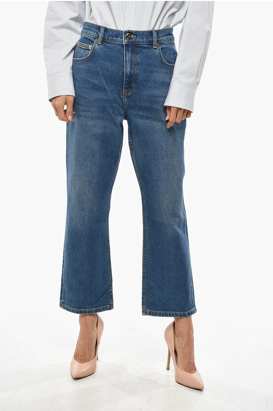 Tory Burch Regular Waist Straight Leg Jeans With Golden Effect Button 1 In Blue