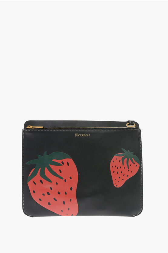 Jw Anderson Resort Leather Pouch With Strawberry Print In Black