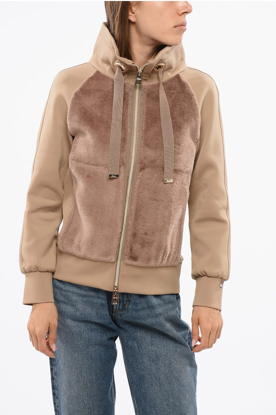 Herno Resort Mock Neck Sweatshirt With Eco-fur Front In Gold