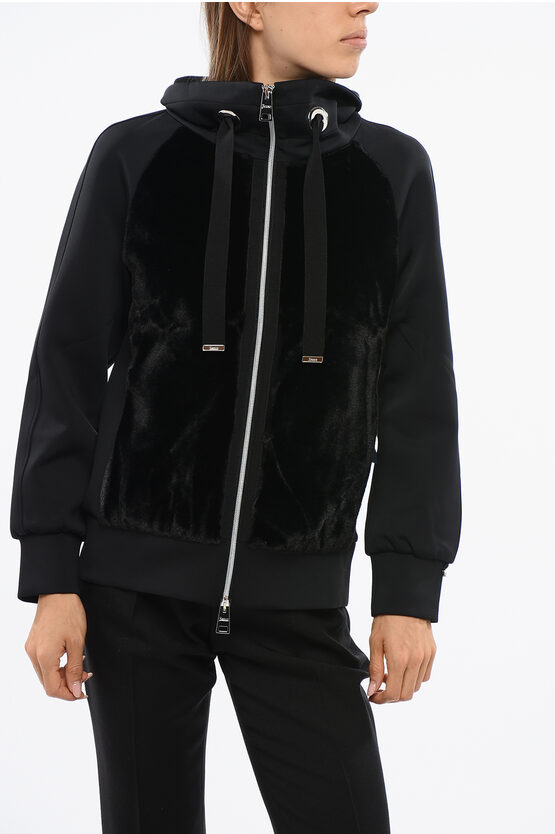 Herno Resort Mock Neck Sweatshirt With Eco-fur Front In Black