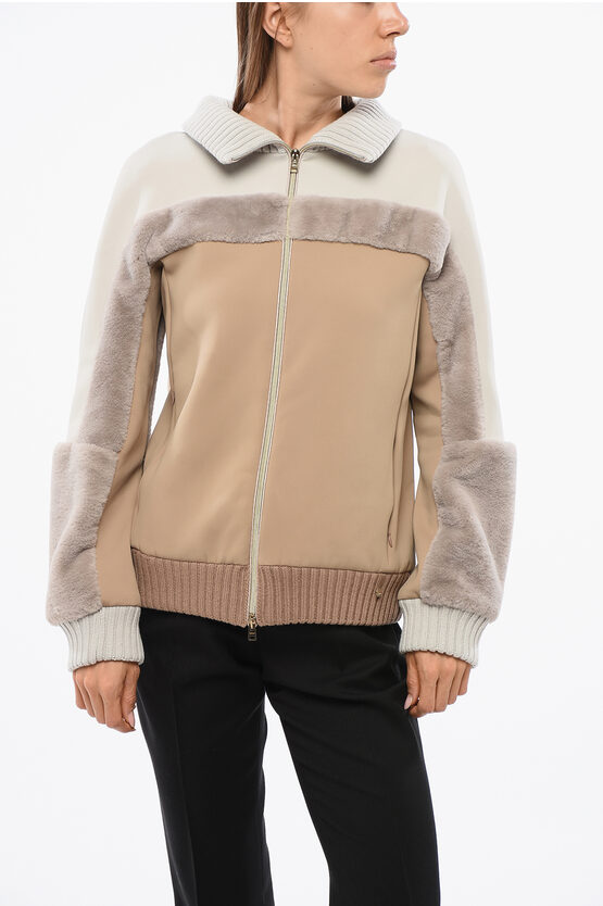 Herno Resort Mock Neck Sweatshirt With Eco-fur Insert In Brown