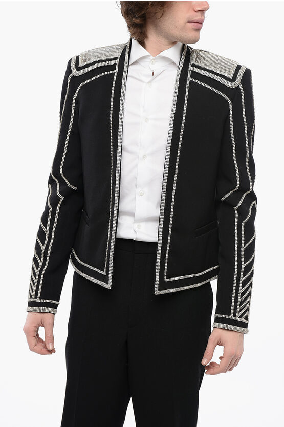 Balmain Reverless Wool Blazer With All-over Rhinestones In Black