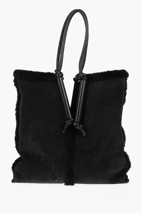 Bottega Veneta Reversed Shearling Tote Bag With Leather Handles In Black