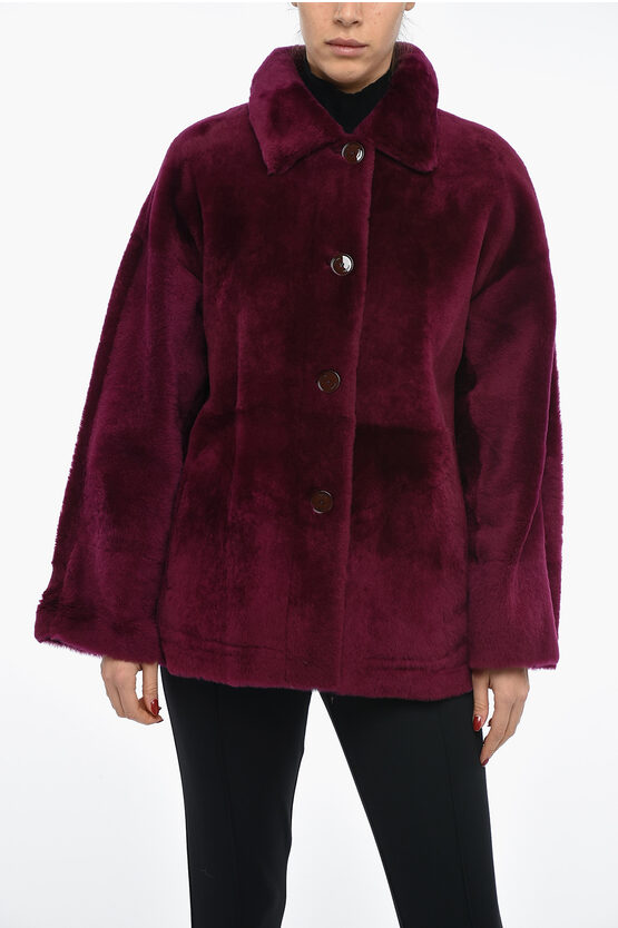 Drome Reversible Shearling Coat With Shirt Collar In Purple