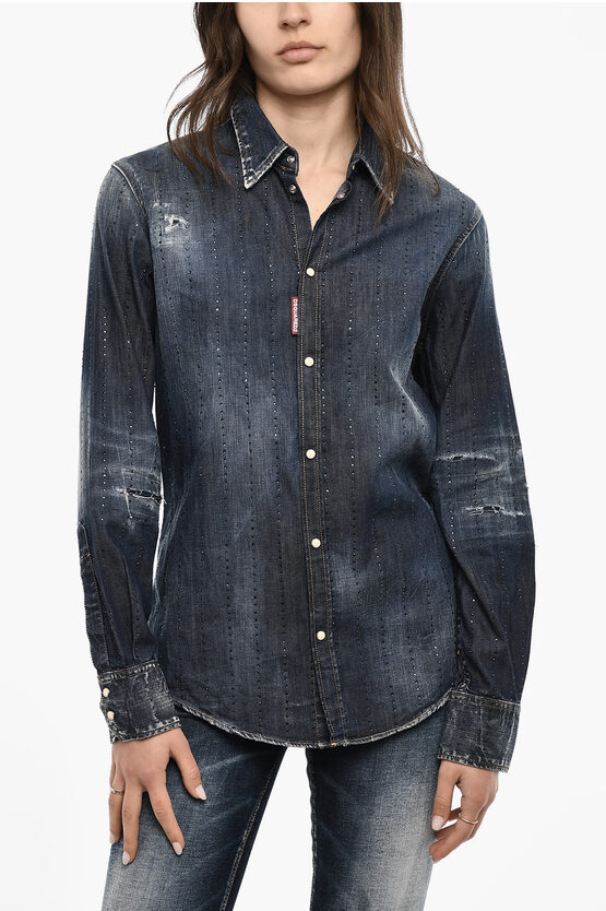 Dsquared2 Rhinestone Denim Shirt With Snap Buttons
