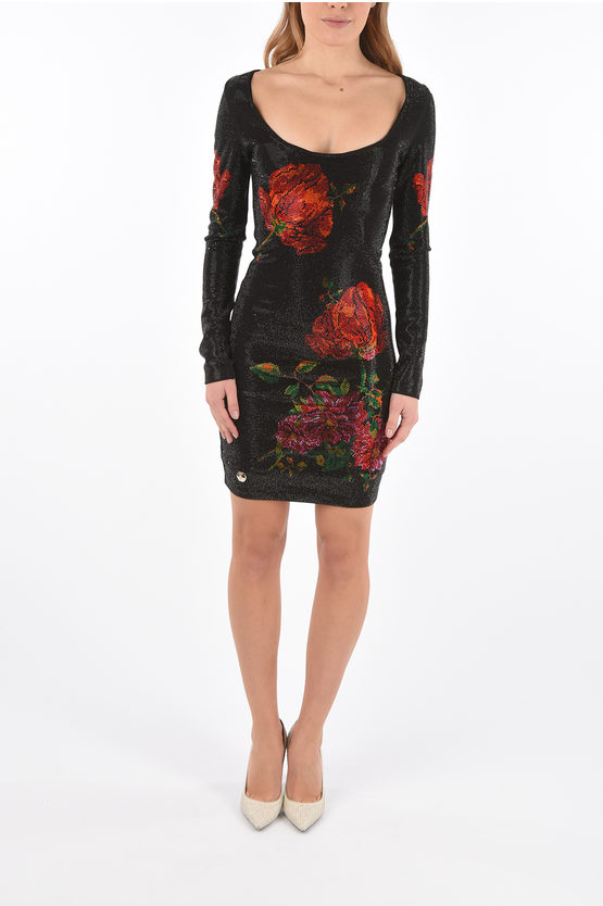 Philipp Plein Rhinestone Embellished All Over Mini Dress With Roses In Black
