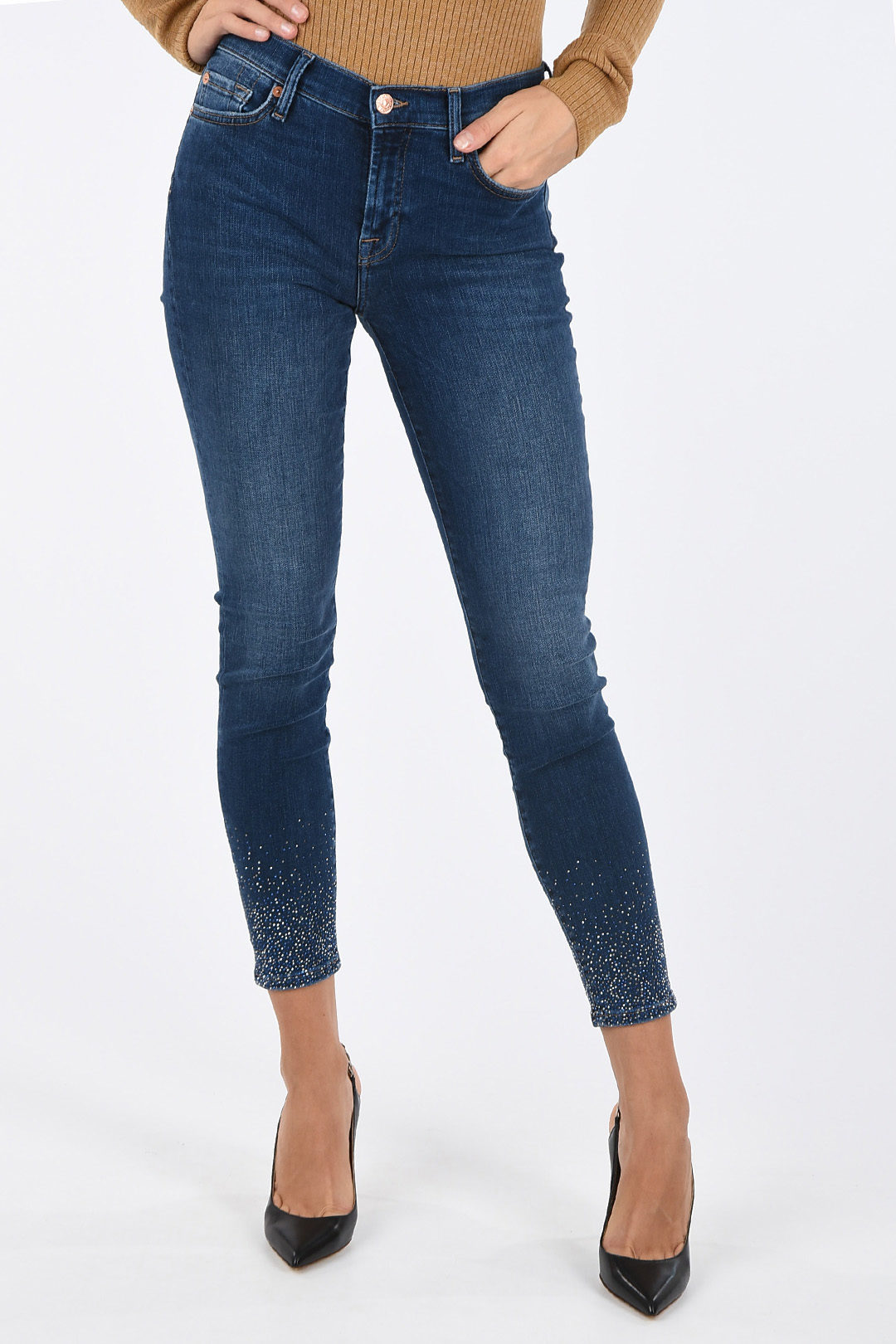 Seven7 Women's Jeans Size 4 Girlfriend Embellished Studded Distressed Blue  Denim