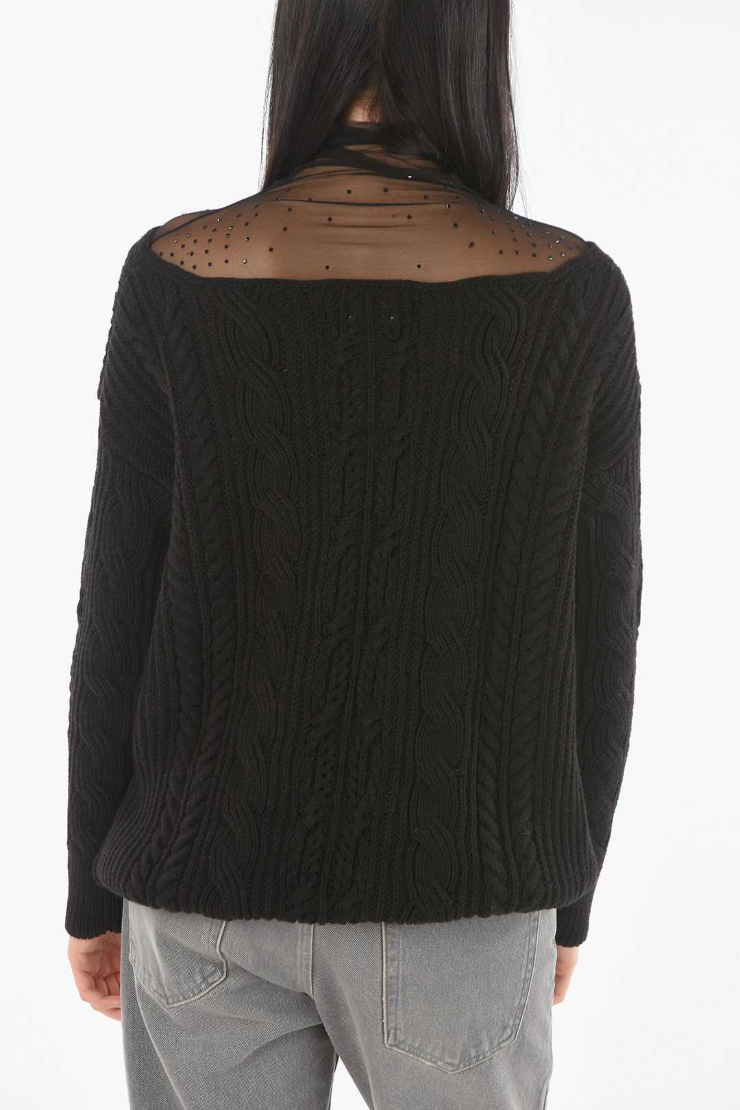 Ermanno Scervino Rhinestone Mesh Insert Aran Wool Blend Sweater women ...