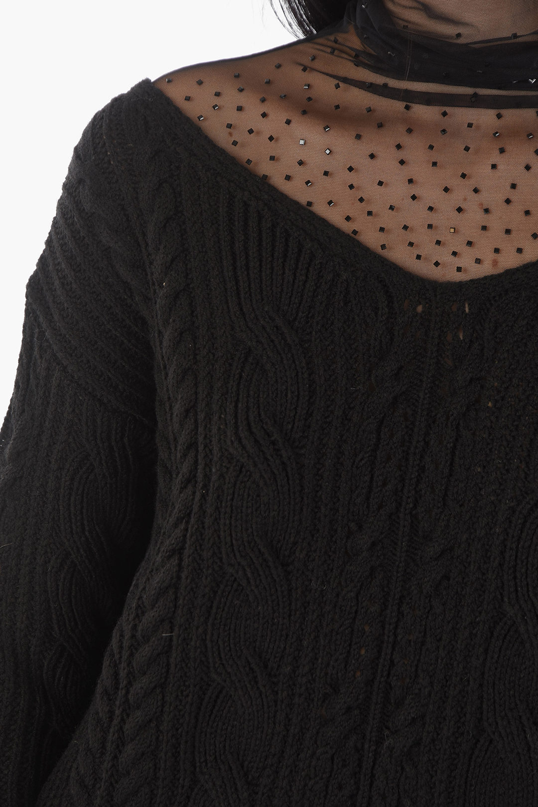 Ermanno Scervino Rhinestone Mesh Insert Aran Wool Blend Sweater women ...