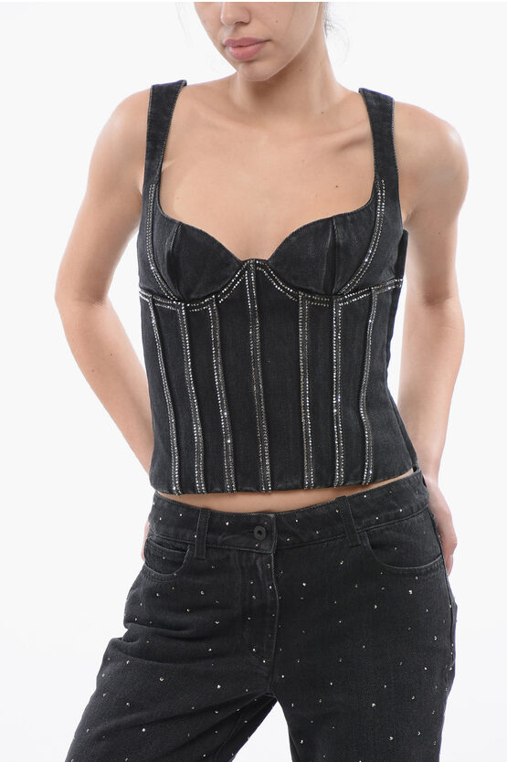 Off-white Rhinestoned Denim Bling Bustier Top