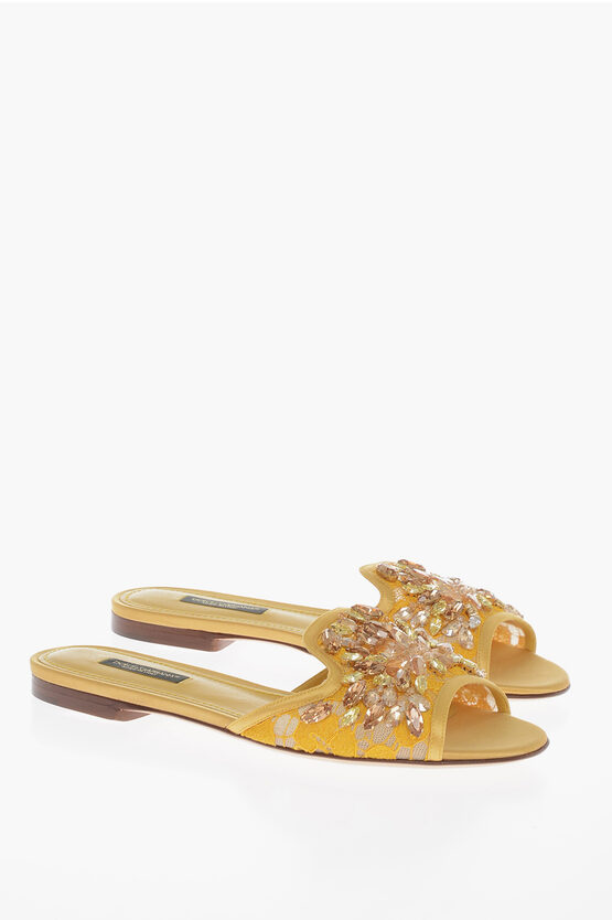 Dolce & Gabbana Rhinestoned Lace Sliders In Yellow