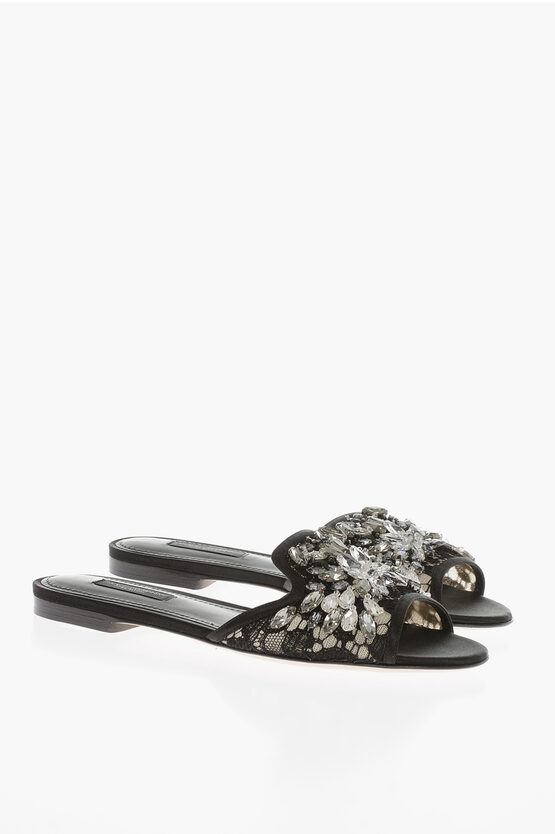 Dolce & Gabbana Rhinestoned Lace Sliders In Black